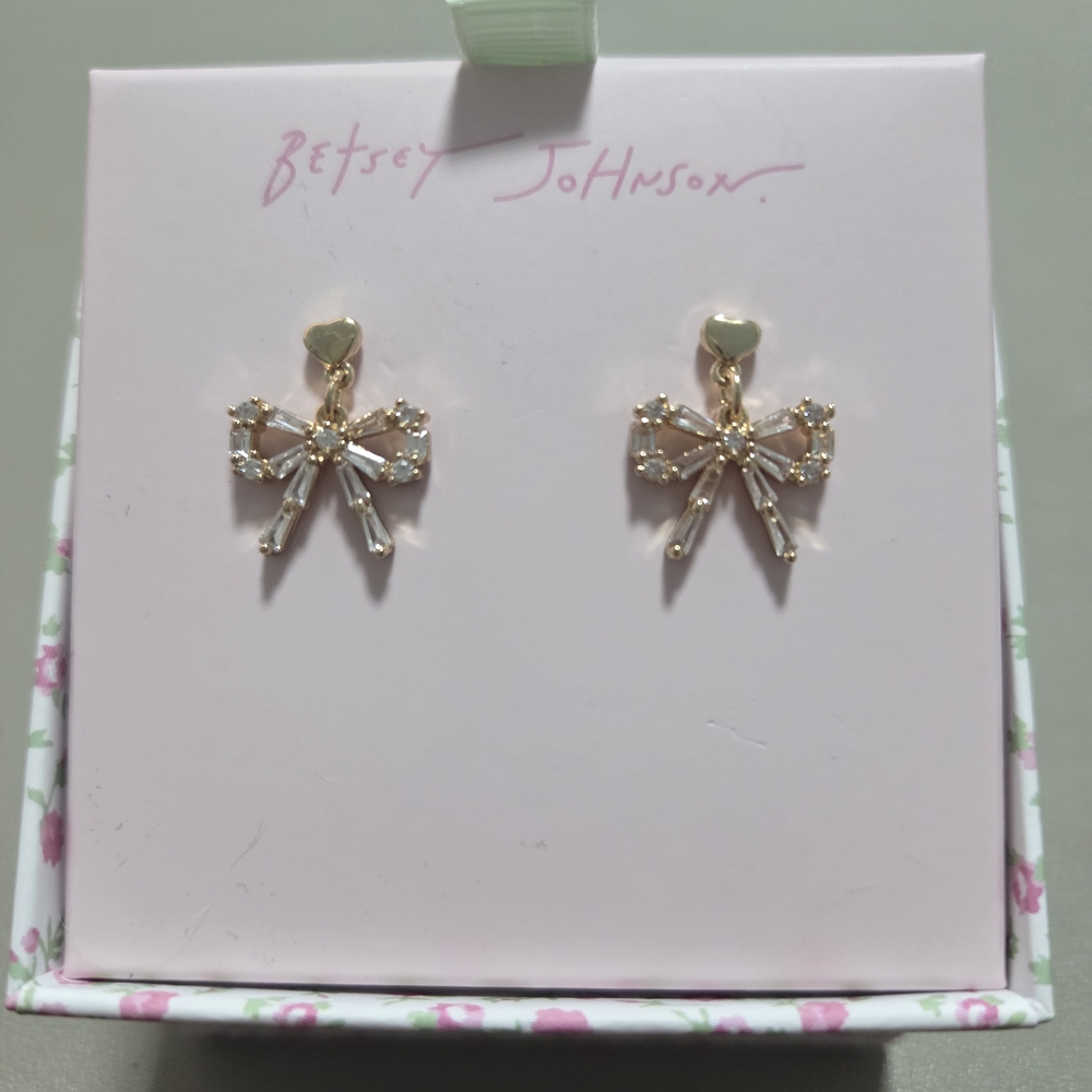 Betsey Johnson Gold Bow Earrings with Crystal Accents